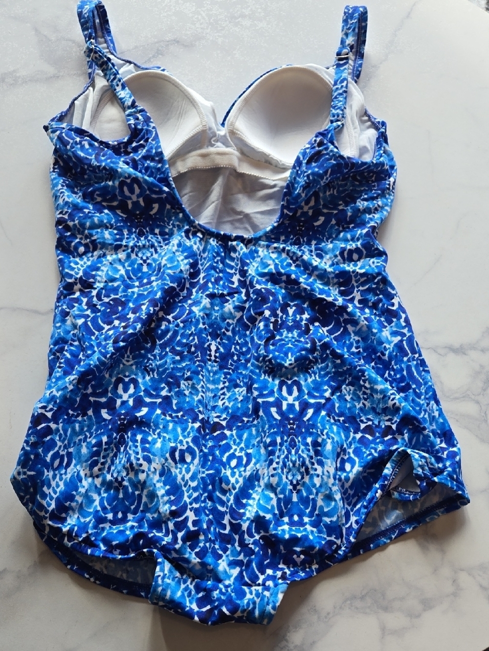 Swim Solutions Blue Patterned Scoop Back Twist-Front One Piece Swimsuit 14 NWT - Picture 4 of 8
